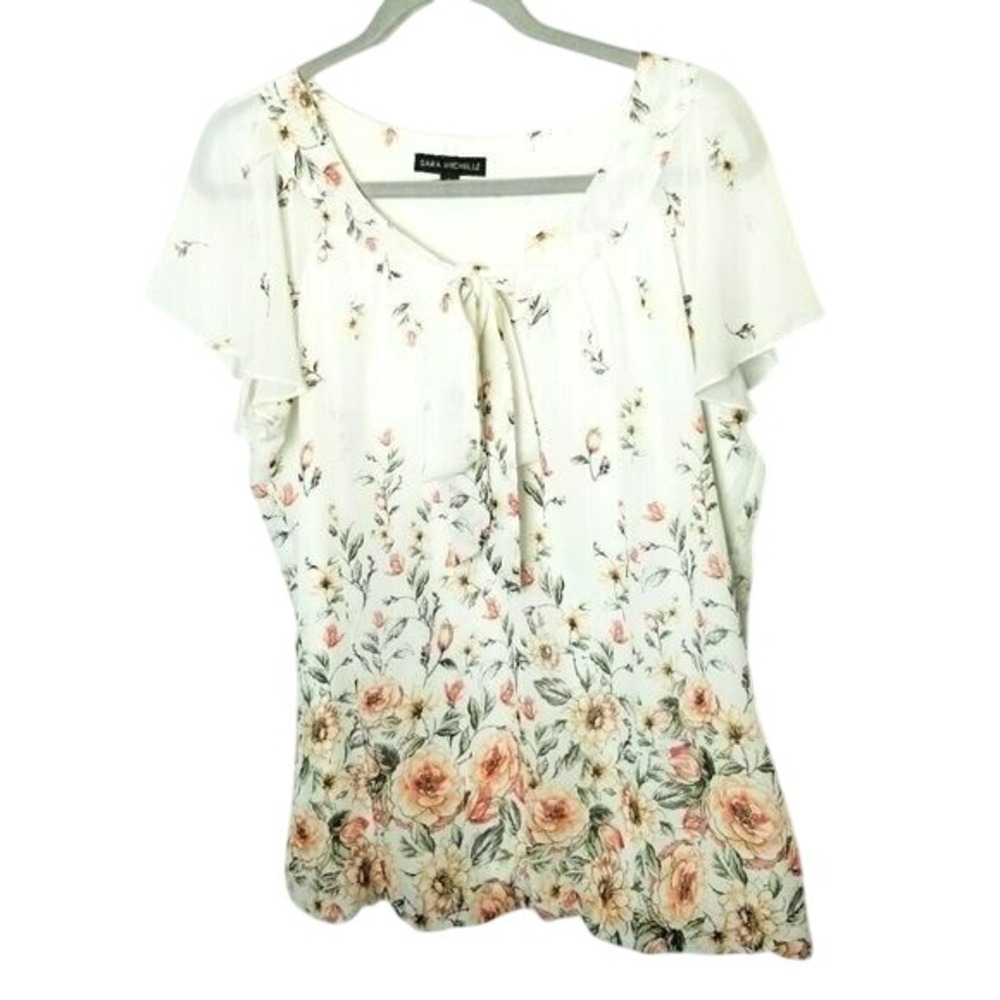 Sarah Michelle Prairie Blouse Tie Neck‎ Floral Sheer Flutter Sleeves Size L